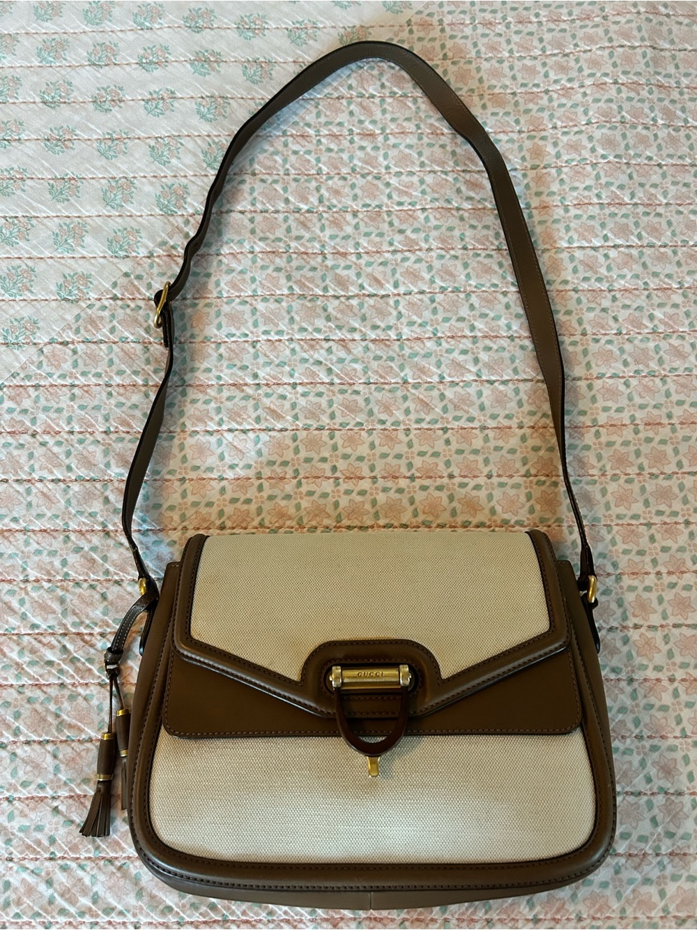 Gucci Derby Shoulder Bag in Cream Canvas and Brown Leather trim